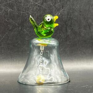 Vintage Hand Blown Clear Glass Bell With Green Bird Parakeet- 3.25" Tall